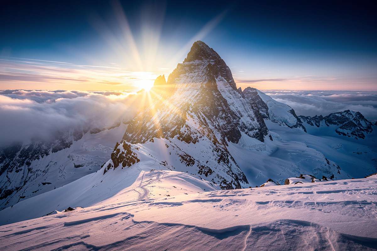 Dramatic winter mountain peak with sun flare