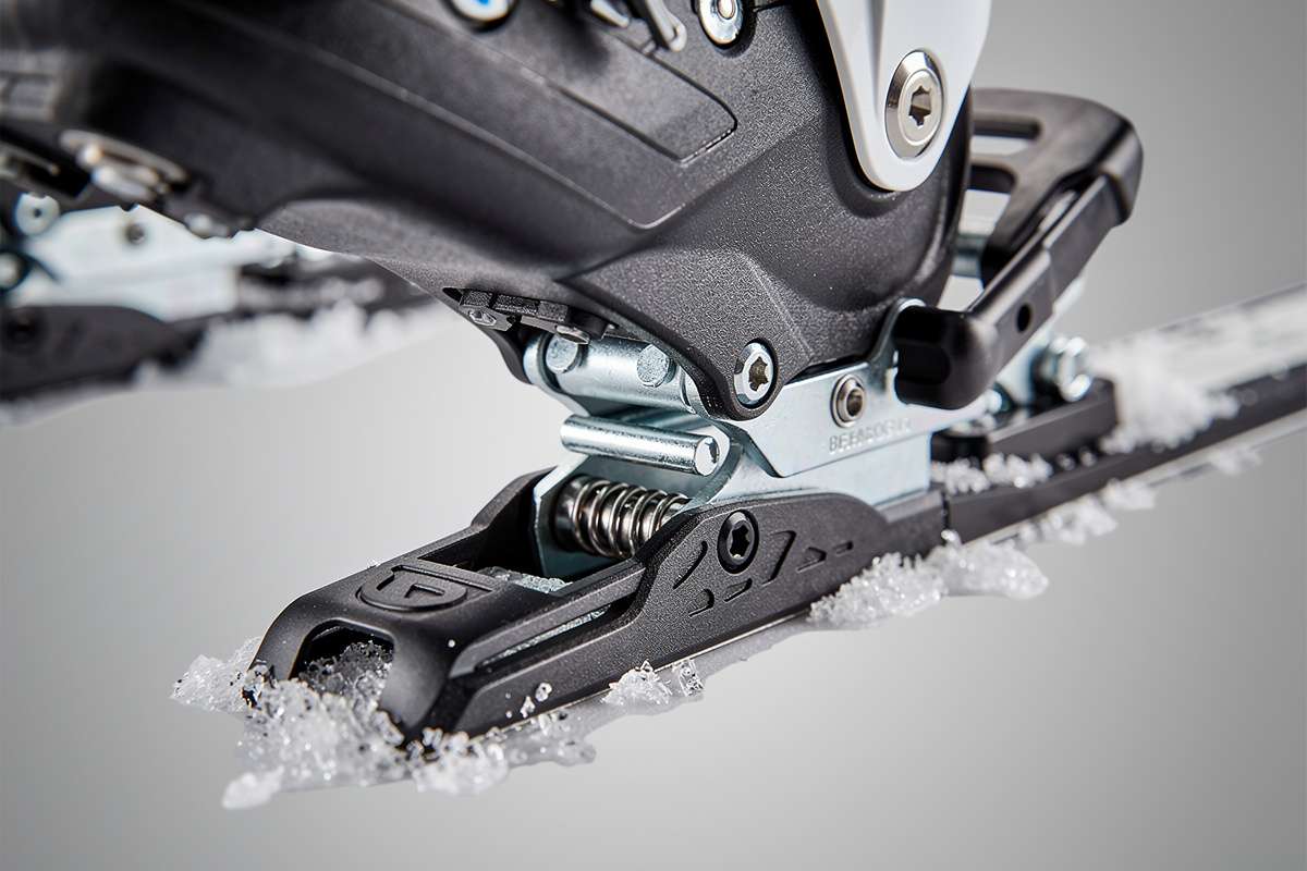 Close up of high tech ski boots and bindings