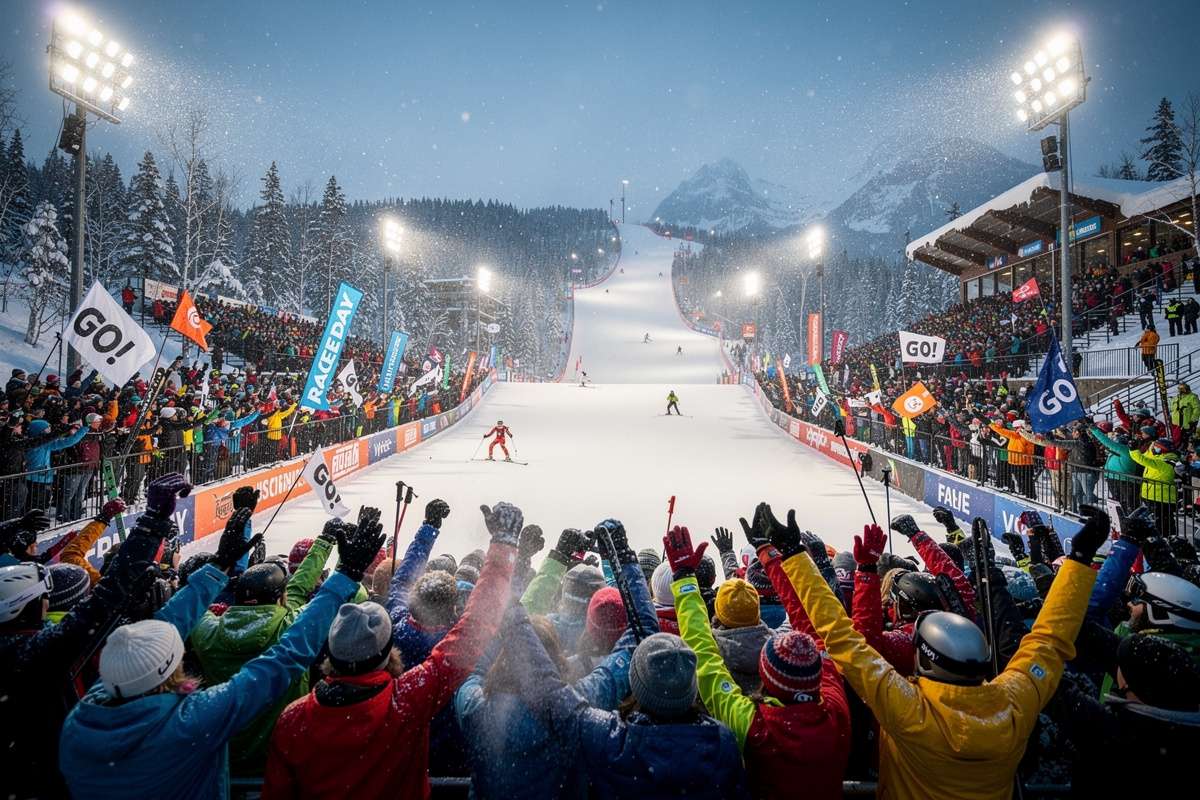 Crowd cheering at ski event finish line