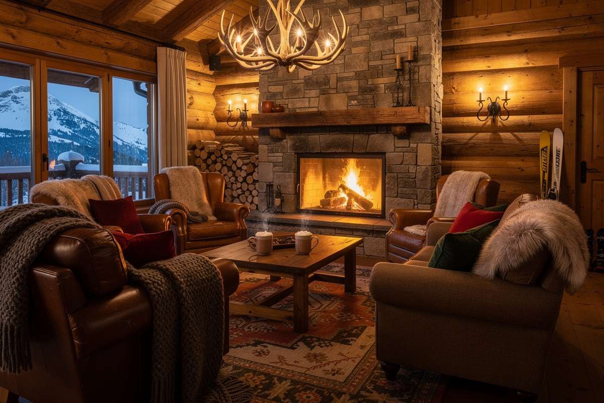 Cozy lodge interior with fireplace