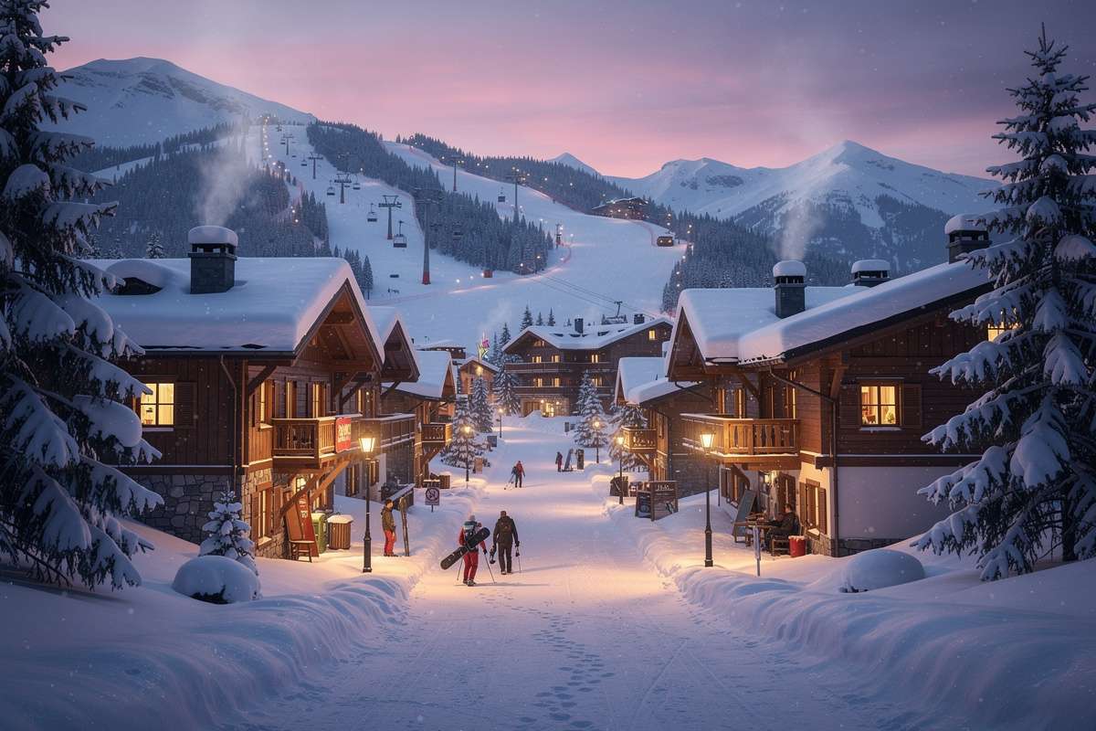 Whistler village resort at dusk with lights and snow