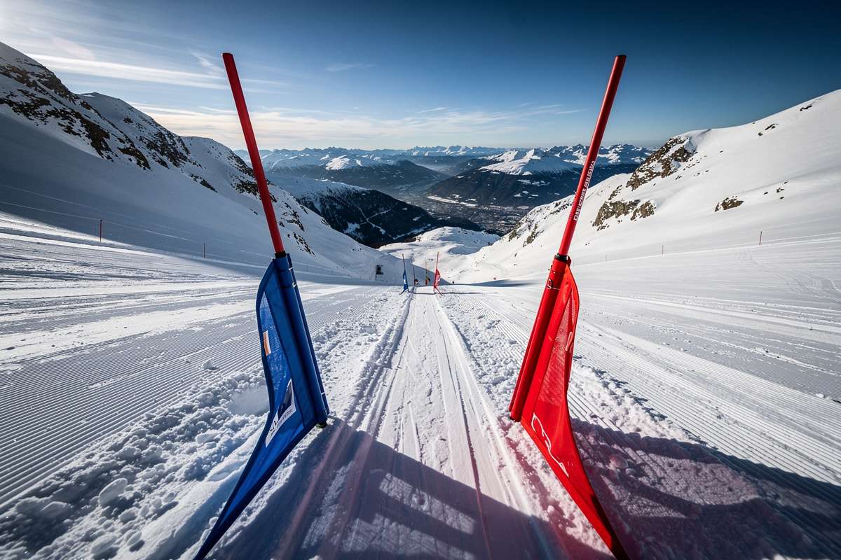 View from the starting gate looking down the snowy mountain track